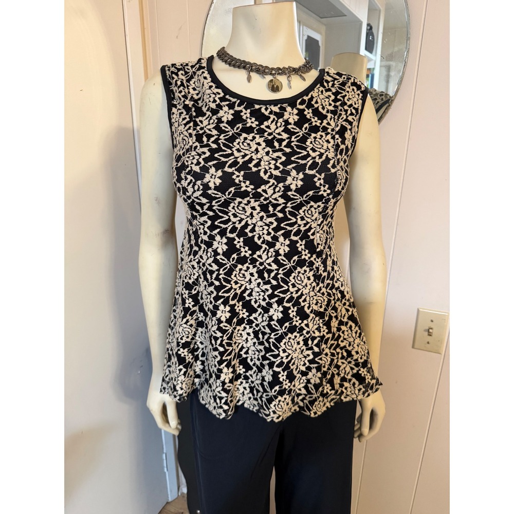 Julie's Closet Black Cream Floral Lace Peplum Bow Back Sleeveless Top Large